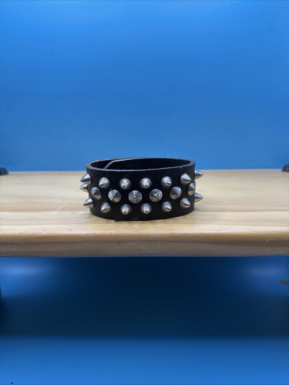 Emo Gothic Punk Black Leather Wide Band Bracelet with 2 Rows of Silver Spikes